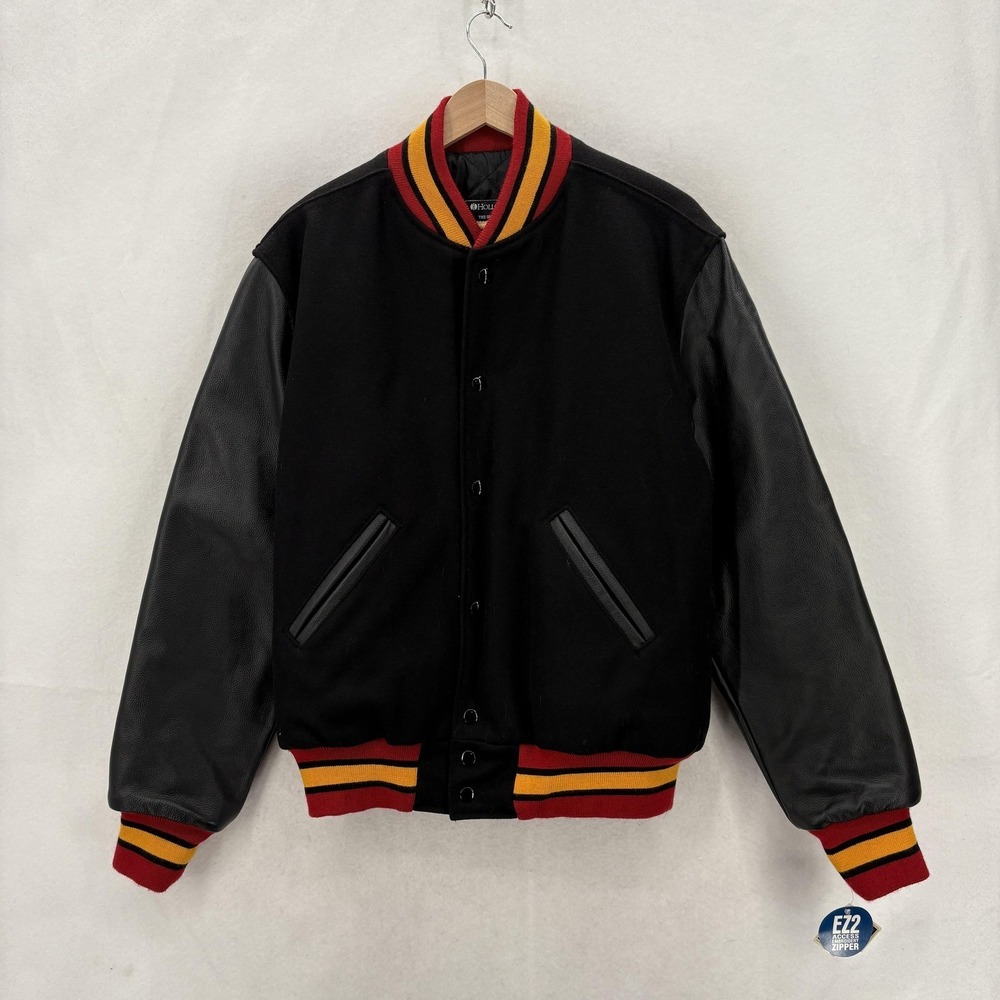 Holloway Varsity Jacket Mens Small Black Wool Leather Sleeves Striped Letterman